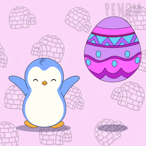 a penguin is standing next to an easter egg on a pink background with igloos in the background