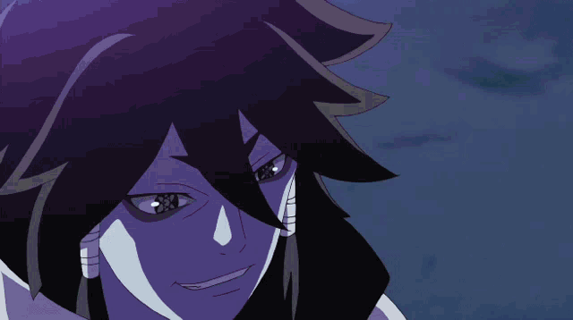a close up of a cartoon character 's face with a lightning bolt in the background