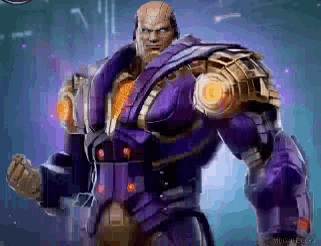 a man in a purple and gold armored suit is standing in front of a blue background .