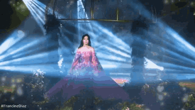 a woman in a purple dress is standing in front of a stage with the hashtag francine diaz