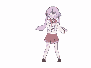 a cartoon of a girl with purple hair and a white shirt