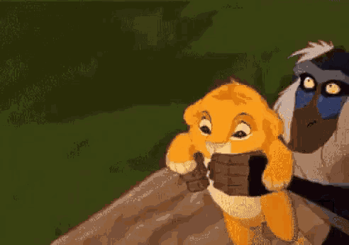 a lion cub is standing next to a monkey in a cartoon from the lion king .