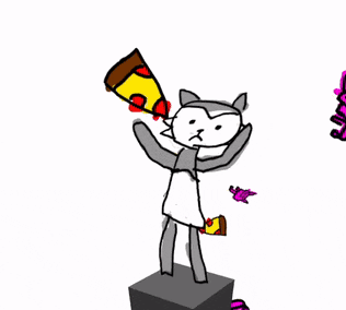 a cartoon drawing of a yellow and red object with pizza slices coming out of it 's mouth