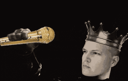 a man with a crown on his head and a microphone