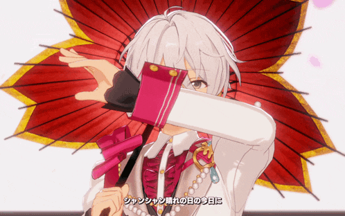 a girl with white hair is holding a red umbrella and covering her face with her hand