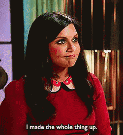 a woman in a red top is saying i made the whole thing up