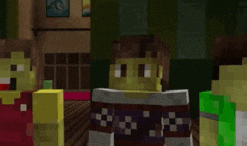 a group of minecraft characters are standing in a room looking at something .