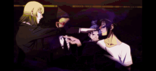 a group of anime characters are standing together in a dark room .