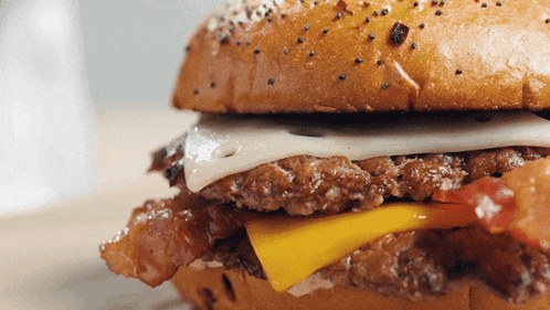 a hamburger with cheese and bacon on a bun with poppy seeds