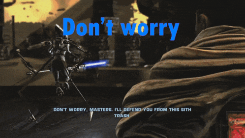 a video game character says " i 'll defend you " while holding a lightsaber