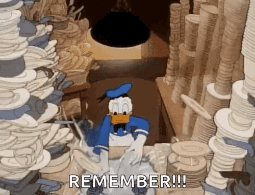a cartoon of donald duck standing in front of a pile of plates and cups .