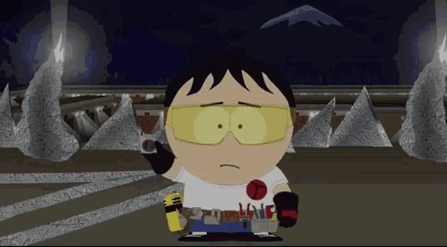 a cartoon character from south park wearing safety glasses