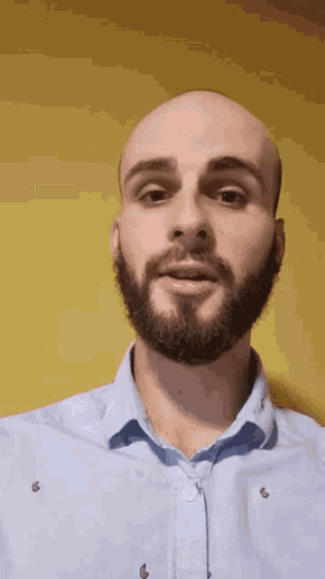 a bald man with a beard is wearing a blue shirt with the letter g on it