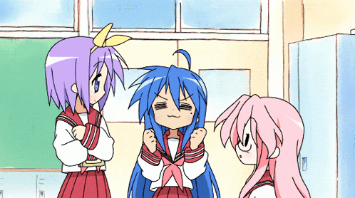 three anime girls are standing in a room and one has purple hair