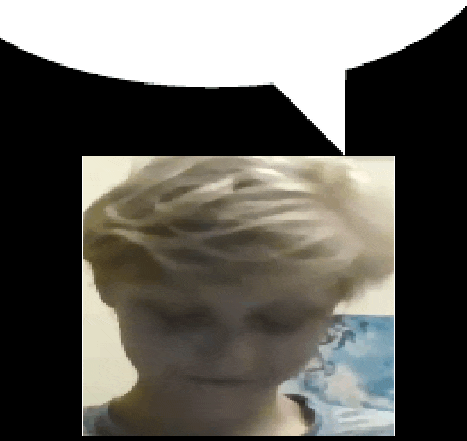 a close up of a person 's face with a speech bubble in the corner .