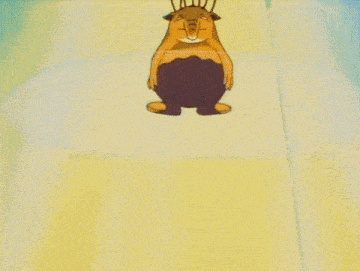 a cartoon character with a big belly and purple pants