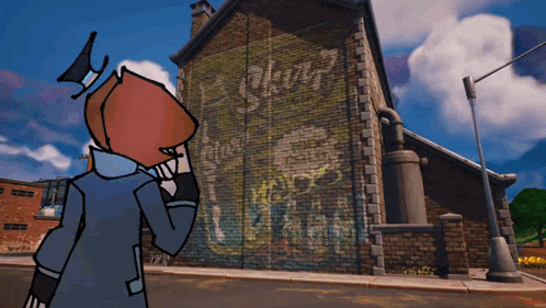 a cartoon character is standing in front of a brick building with graffiti on it that says " joker "