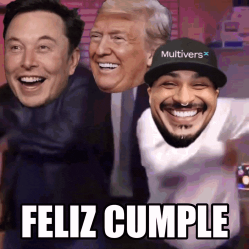 elon musk donald trump and a man wearing a multivers hat