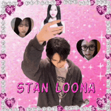 a man in a hoodie is standing in front of a pink background with hearts and the name stan loona written on it .