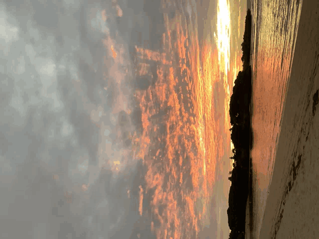 a sunset over a body of water with trees in the background