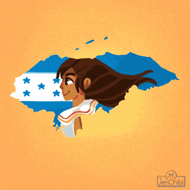 a cartoon drawing of a woman with her hair blowing in the wind