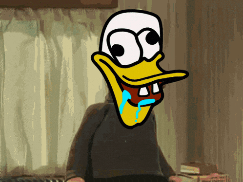 a cartoon drawing of a duck with big eyes and teeth