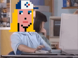 a pixelated image of a girl sitting in front of a computer monitor
