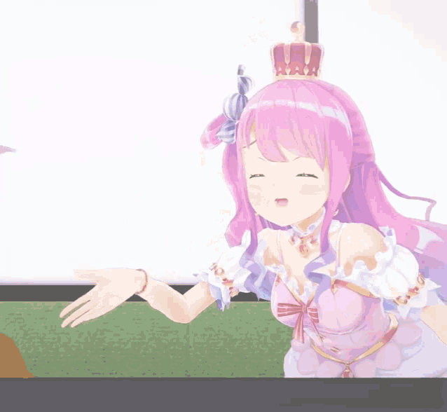 a girl with pink hair and a crown on her head is smiling