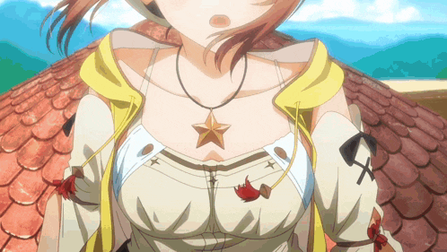 a close up of a woman 's chest with a star pendant