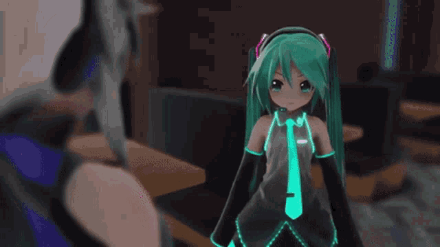 a girl with green hair is pointing at another girl in a video game