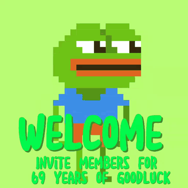 a green pixelated frog with the words welcome invite members for 69 years of good luck