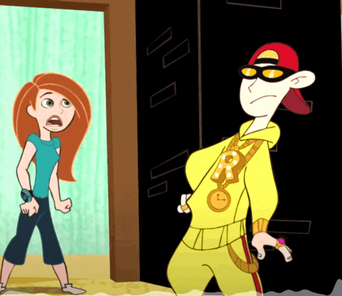 a cartoon character with a gold medal around his neck stands next to a woman