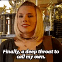 a woman says " finally a deep throat to call my own " in front of trophies