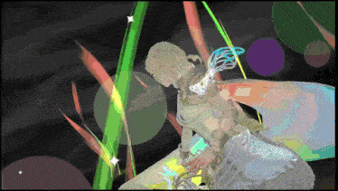 a pixelated image of a woman with wings surrounded by green and purple lines