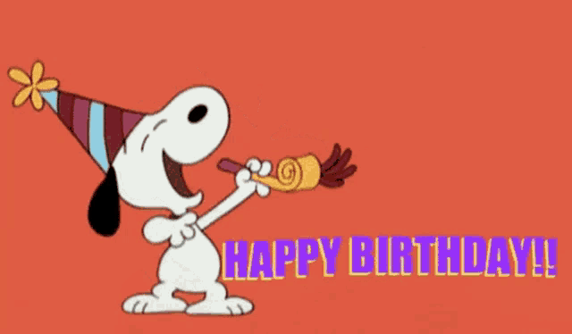 snoopy is wearing a party hat and blowing a party horn with the words happy birthday written below him .