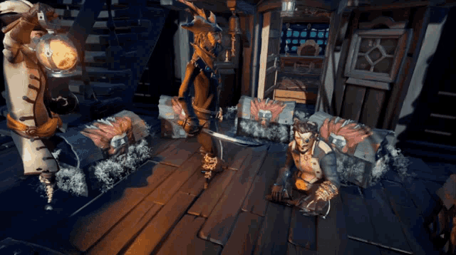 a man in a pirate outfit is holding a sword in a video game scene