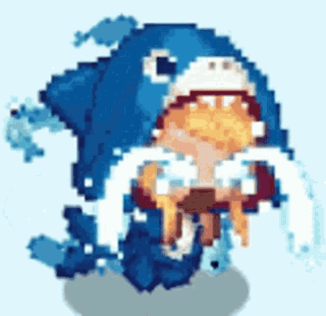 a pixel art of a person wearing a shark hat .