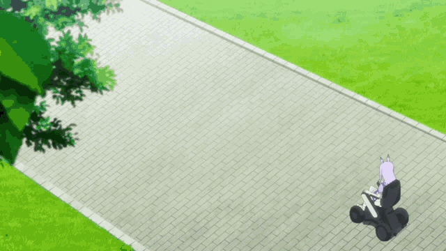 a person in a wheelchair is walking down a brick path