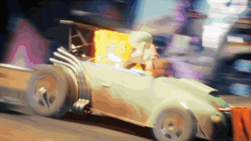 a cartoon character is driving a car with spongebob on the back seat