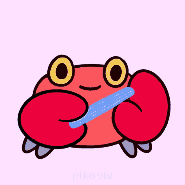 a drawing of a red crab with yellow eyes and a blue tongue says pikaole on the bottom