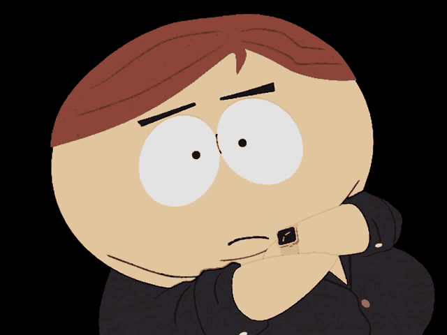 a cartoon character is wearing a watch and looking at it