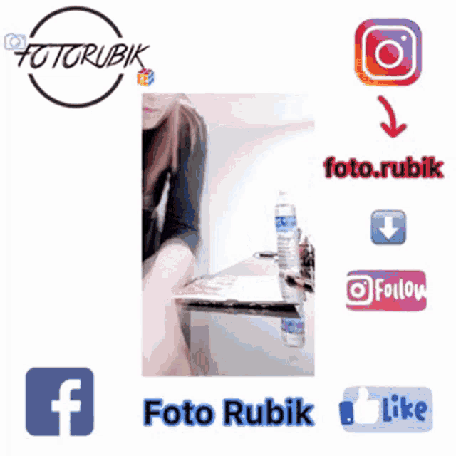 a woman is sitting at a table with a laptop and a bottle of water surrounded by logos for facebook instagram and foto rubik