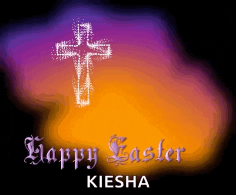 a happy easter kiesha greeting card with a cross on a purple and orange background