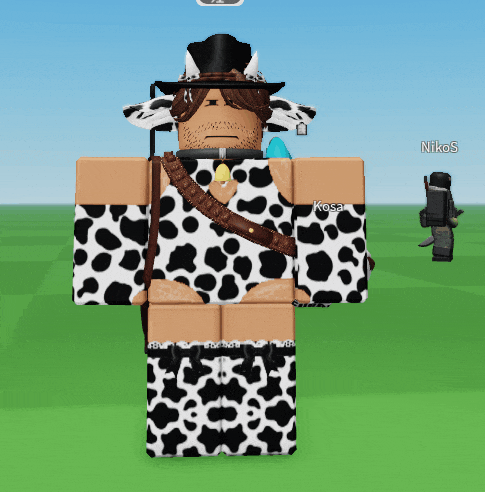 a cartoon character wearing a cow print outfit with nikos in the background