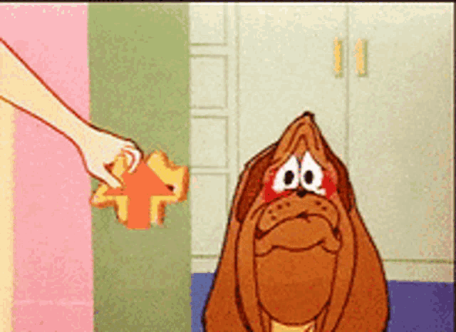a cartoon of a dog with a red eye and a hand holding a piece of paper