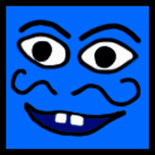a cartoon face with a mustache and teeth is on a blue background