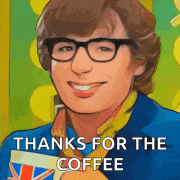 a man wearing glasses is smiling and holding a cup of coffee with the words thanks for the coffee below him