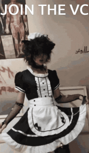 a girl in a maid costume is standing in front of a sign that says " join the vc "