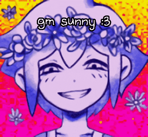 a drawing of a girl with flowers on her head and the words gm sunny 3 on top