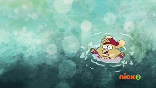 a cartoon character is swimming in the water with a nick 2 logo